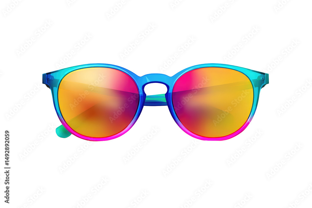 Fototapeta premium A pair of vibrant sunglasses with gradient lenses and a blue and pink frame against a black background on transparent background