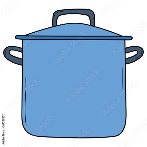 Hand drawn cartoon blue saucepan on white background.