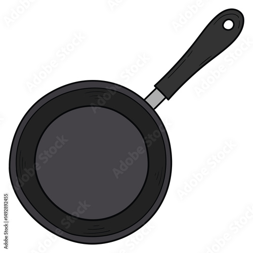 Hand drawn cartoon frying pan on white background. Top view.