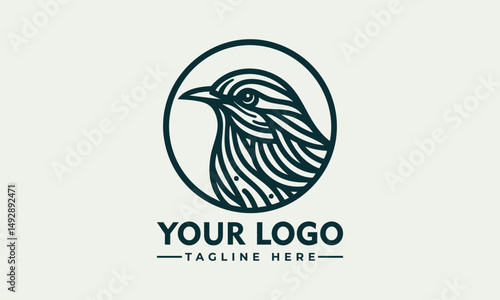 Simple bird line drawing enclosed in circular emblem standing calmly on natural surface. Nature concept
