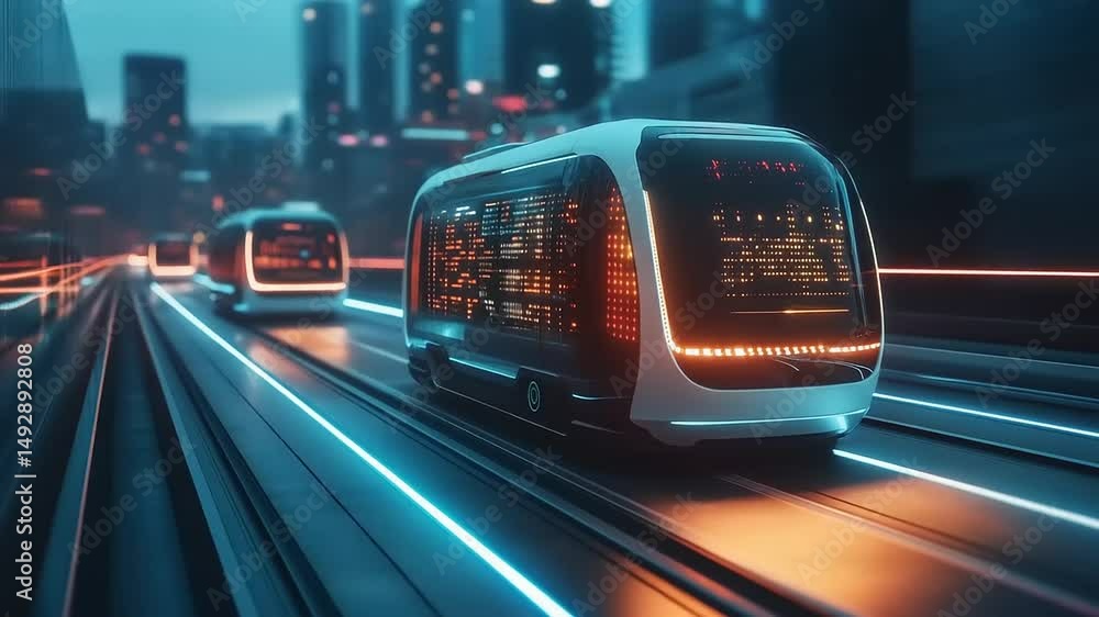 Futuristic autonomous vehicles traveling on illuminated tracks in a city Futuristic autonomous vehicles traveling on illuminated tracks in a city