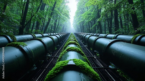 gas compressor station surrounded by fog-covered forest, cold blue-grey lighting, heavy concrete symmetry, silent atmosphere, overgrown moss on side panels, blending built and organic forms