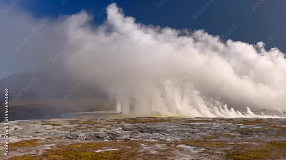 Dramatic volcanic landscape with geothermal steam vents and dark sky showcasing a stark, barren environment Dramatic volcanic landscape with geothermal steam vents and dark sky showcasing a stark, barren environment