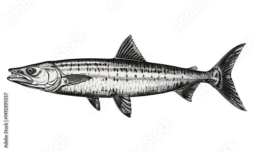 Barracuda Swimming Forward, Marine Biology Illustration, Black Sketch, Vintage Fish Etching, Monochrome Ocean Animal Art, Rustic Wildlife Print, Old Engraving Style