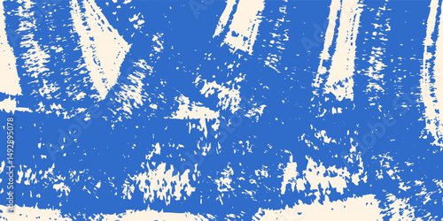 Grainy blue bold brush stroke with spray texture. Hand drawn distress damaged edge vintage template, banner. Grainy bold brush strokes texture with small dots. Retro vector background for posters.