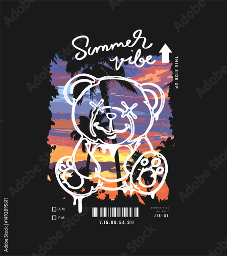 typography slogan with cartoon bear doll on sunset sky vector illustration