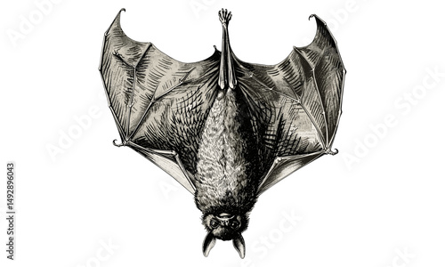 Bat Hanging Upside Down, Hand-drawn Etching Art, Monochrome Animal Illustration, Rustic Nature Decor, Vintage Flying Mammal, Black Sketch Design, Trendy Scientific Decor