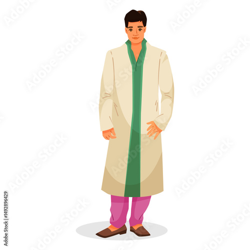 Man wearing traditional ethnic kurta with churidar pants in cartoon style on white background, concept of cultural fashion. Vector illustration