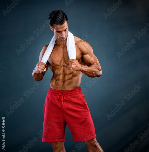 Handsome Muscular Shirtless Man Posing with Towel aroung his Neck