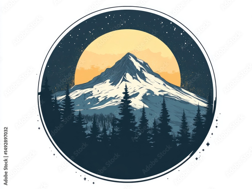 Obraz premium Majestic mountain silhouette framed by forest and starry night.