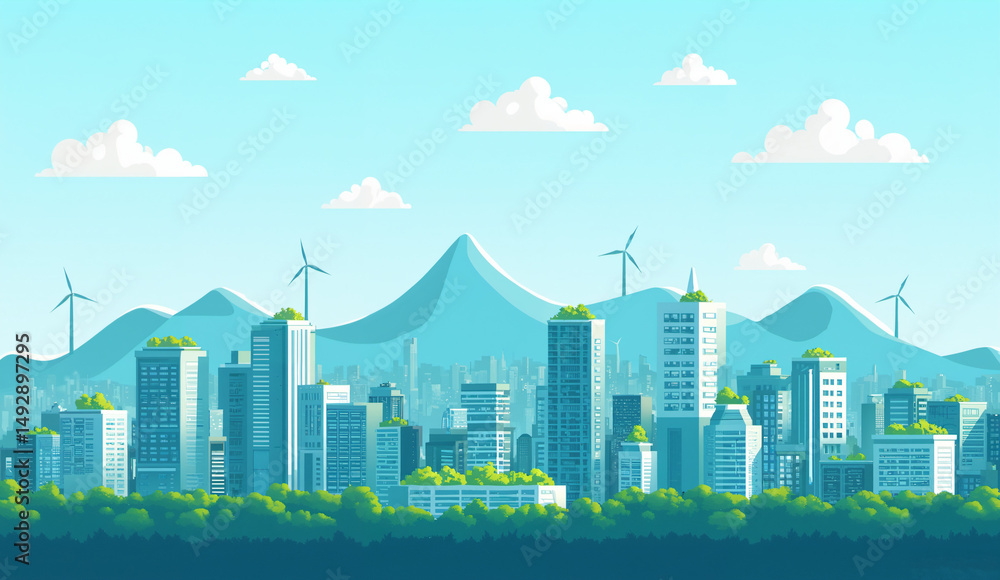 Obraz premium Modern Cityscape with Wind Turbines and Mountains