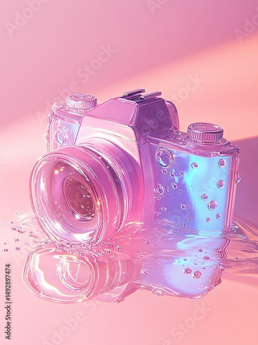 Colorful camera submerged in water creating a surreal artistic display with bubbles and reflections Generative AI