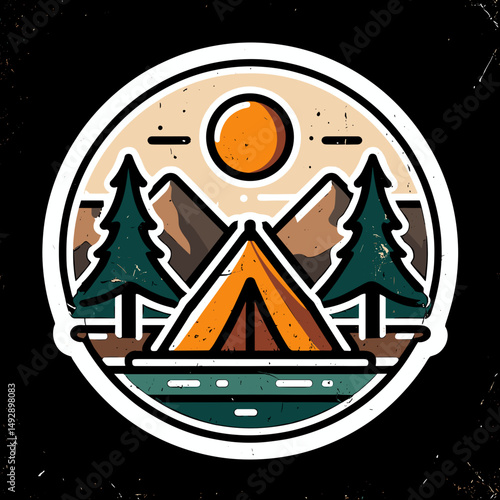 Tent with mountains and trees in vintage camping badge
