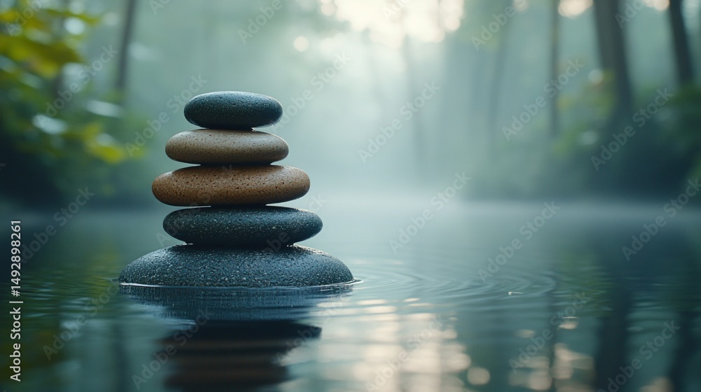 Obraz premium Zen stones balanced on water in misty forest