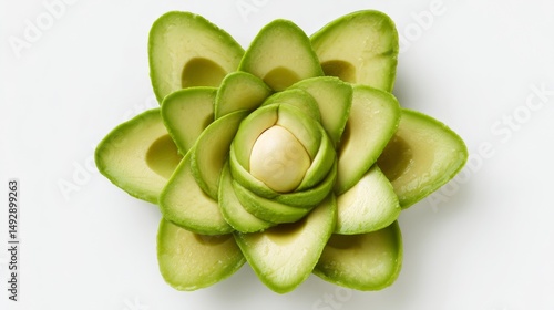 Wallpaper Mural An illustration of avocado slices arranged in a flower pattern, showcasing pit and skin texture on white background, embodying healthy food concepts and natural aesthetics.  Torontodigital.ca