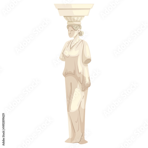 Classical female caryatid statue in ancient Greek style, flat design on white background. Concept of historical art and architecture. Vector illustration