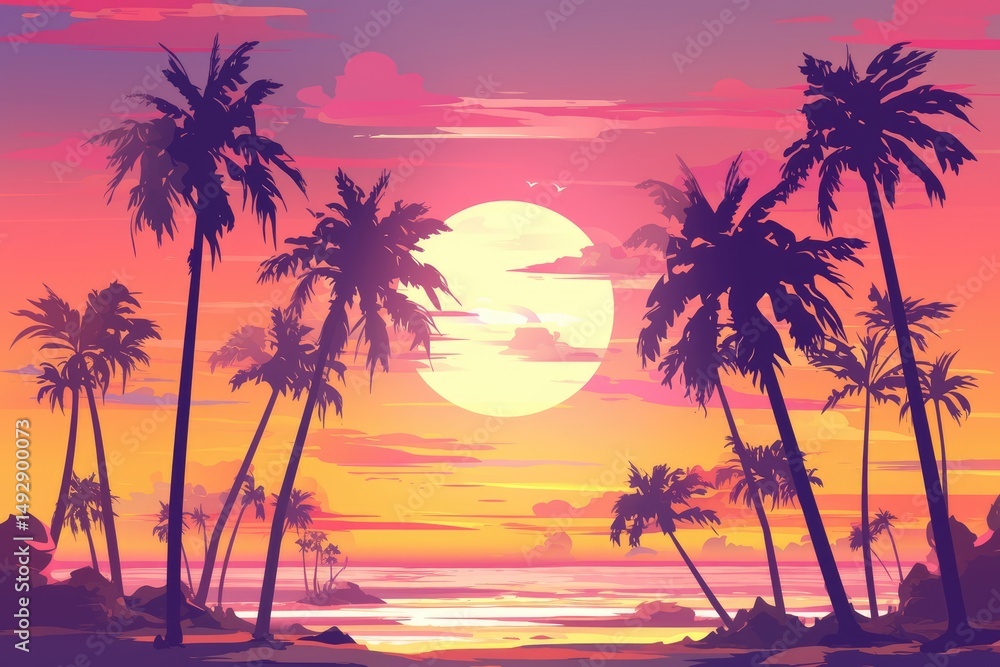 Fototapeta premium Vibrant sunset scene with silhouettes of palm trees.