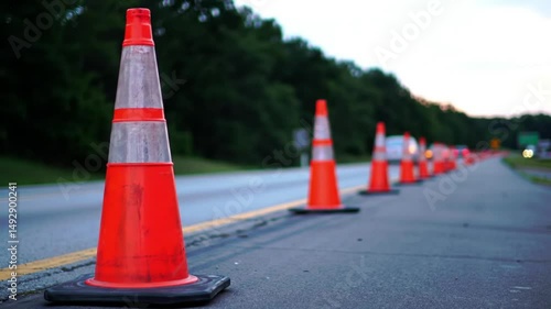 Highway Road Traffic Cones in a Row Orange Color with Silver Car Driving Away Symbolizing Road Work