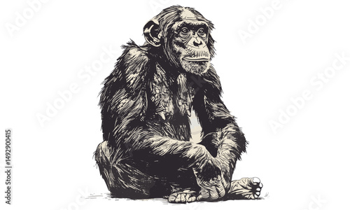 Bonobo Sketch in Vintage Style, Scientific Animal Etching, Monochrome Wildlife Art, Hand-drawn Nature Print, Endangered Primate Illustration, rainforest animal drawing