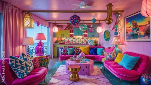 Vibrant pink living room with eclectic decor. Colorful throw pillows, patterned rugs, and unique lighting fixtures create a playful atmosphere.