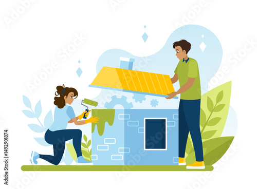 A young family starts to renovate. Redecorating your home begins with changing the color of your house. Flat vector illustration in cartoon style