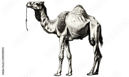 Camel Standing Upright, Hand-drawn Illustration, Old Engraving Style, Black Sketch, Vintage Desert Animal, Rustic Wildlife, Antique Wall Art, Nature Print, Nomadic Culture, Sahara Camel