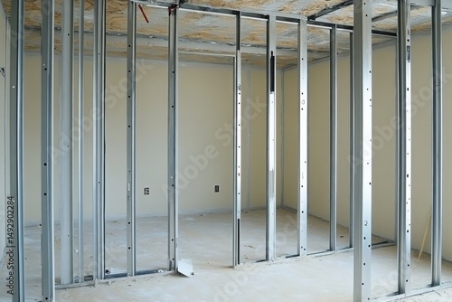 Interior framing installation in new home construction site showing metal studs and framework for walls and ceilings
