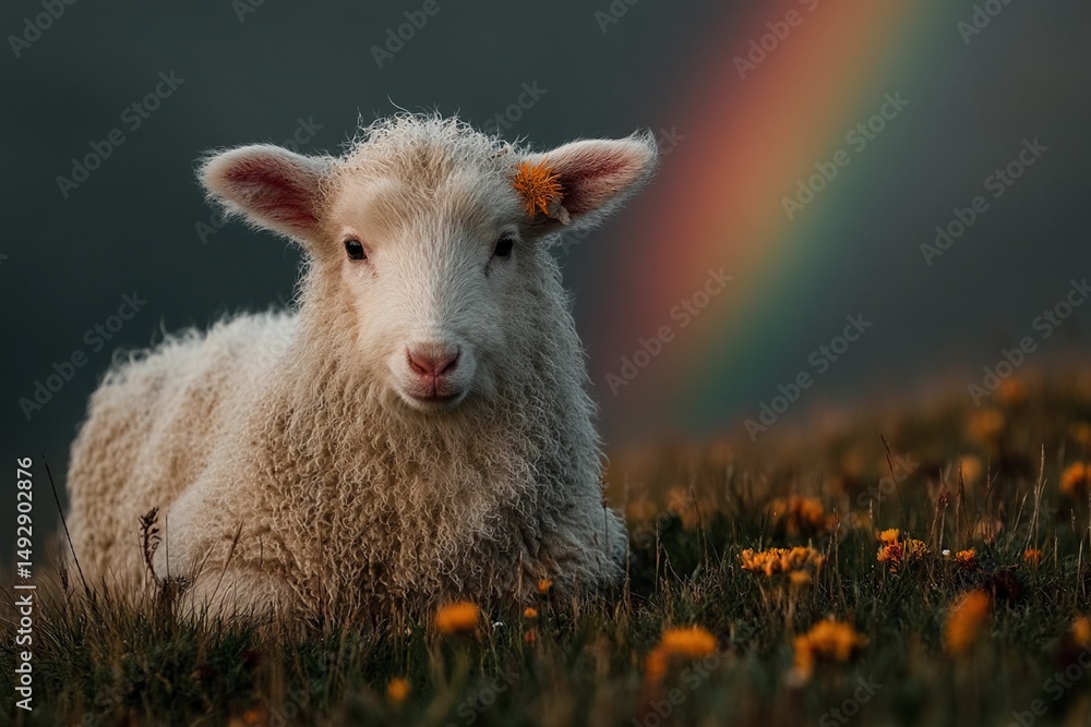 Obraz premium Fluffy little lamb resting in a green meadow under a rainbow with wildflowers and soft morning light 