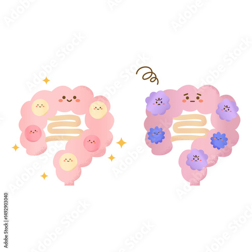 手描き風　かわいい善玉菌と悪玉菌がいる腸のセット