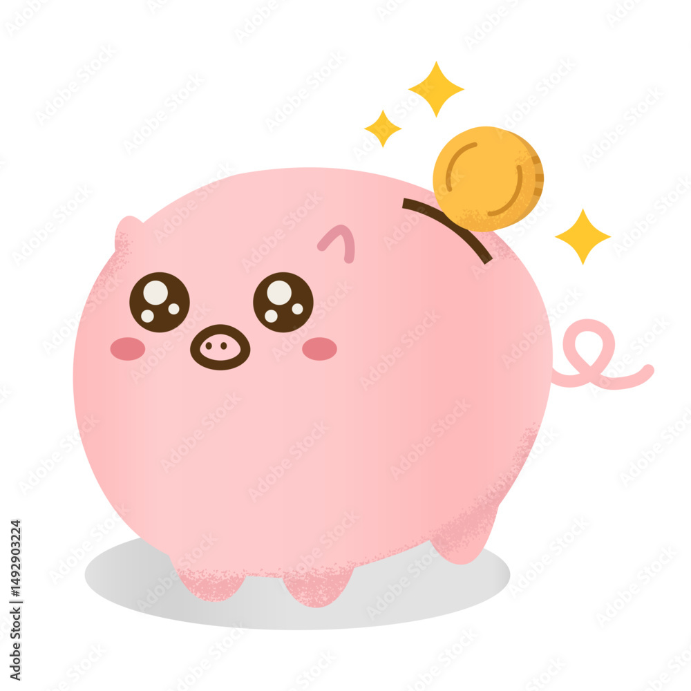 Fototapeta premium 手描き風お金が増えて喜ぶブタの貯金箱 ピギーバンク