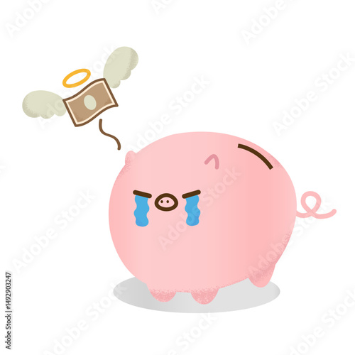 手描き風　お金が消えて泣くブタの貯金箱　ピギーバンク