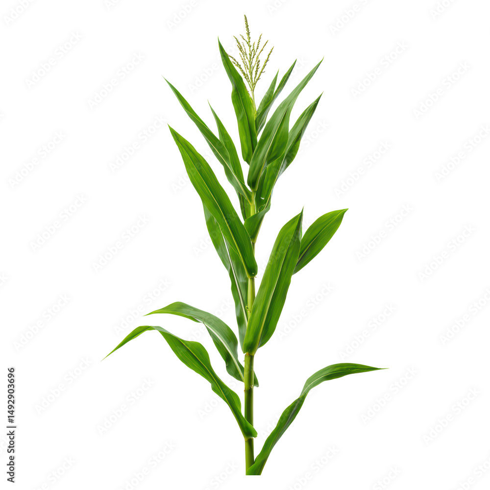 Fototapeta premium Fresh Corn Plant with Green Leaves and Ears in Natural Setting, isolated on transparent background.