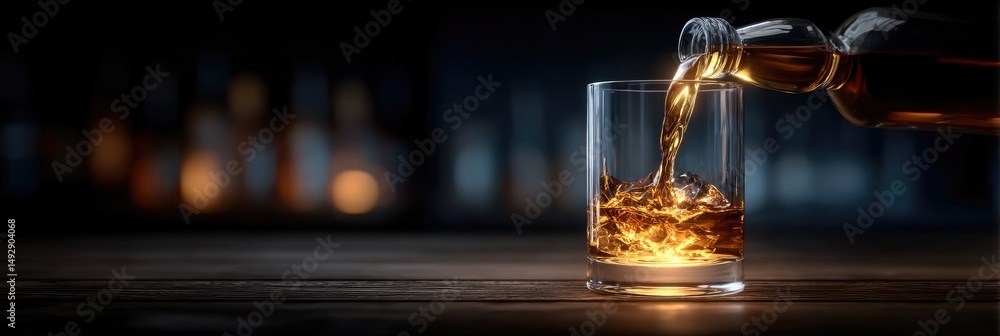 Obraz premium Whiskey Being Poured Into A Glass Creating A Visual Of Dark Background With Golden Lighting