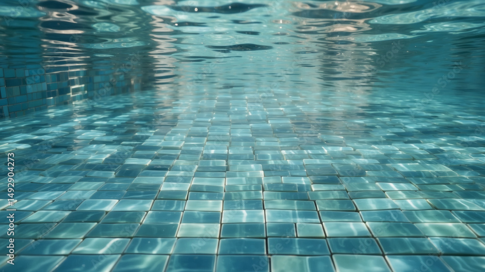 Obraz premium View of the pool bottom with blue tiles creating a mosaic pattern. The water is clear, with light reflections on the surface