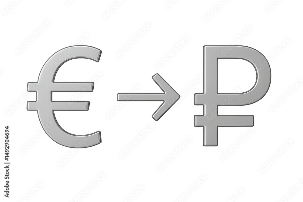 Obraz premium Euro symbol transforming into ruble symbol, indicating financial conversion with directional arrow on transparent background