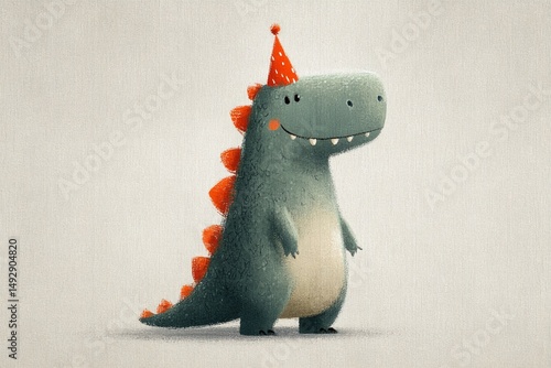 Cute happy birthday card illustration with cartoon dino wearing party hat on white background. T-Rex character design for children holiday celebration