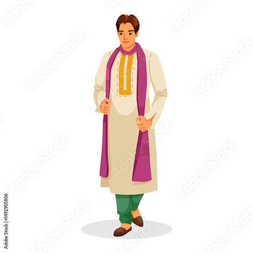 Man wearing traditional Indian kurta with scarf and green pants, standing on white background, concept of ethnic fashion. Vector illustration