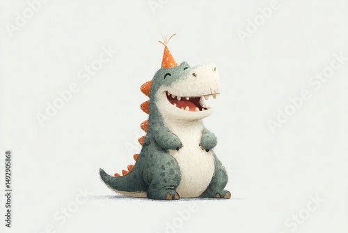 Cute happy birthday card illustration with cartoon dino wearing party hat on white background. T-Rex character design for children holiday celebration 