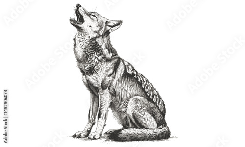 Coyote Howling, Rustic Nature Print, Black Sketch, Hand-drawn Wild Animal Line Art, Vintage Engraving Style, Scientific Animal Drawing, Monochrome Wildlife Sketch for Wall Decor
