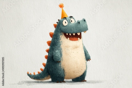 Cute happy birthday card illustration with cartoon dino wearing party hat on white background. T-Rex character design for children holiday celebration 