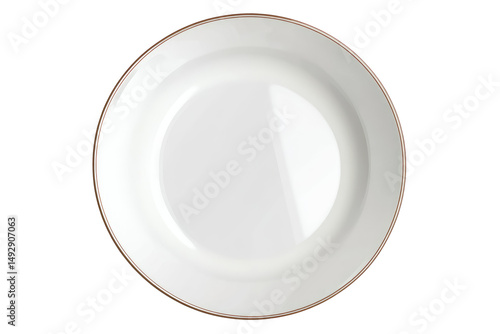 A top down view of a simple white ceramic plate with a thin gold trim on a black background studio shot on transparent background