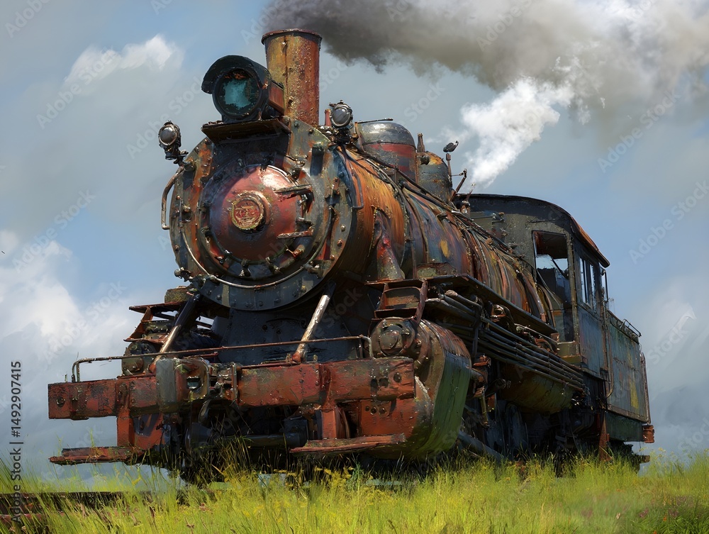 Naklejka premium Relive Golden Age Rail Travel Through Low Angle Vintage Steam Locomotive Photography For Nostalgic Collectors