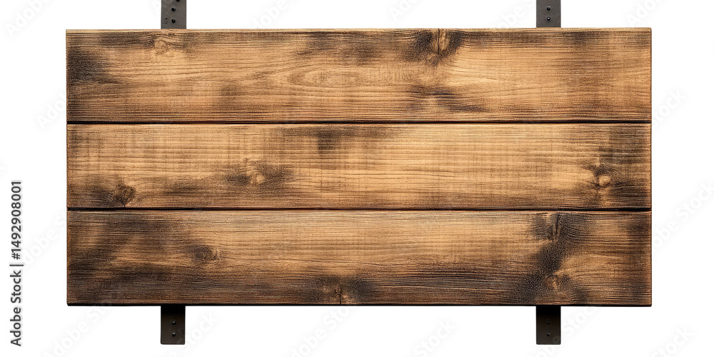 A rustic wooden sign with three planks and metal supports against a dark background providing blank space on transparent background A rustic wooden sign with three planks and metal supports against a dark background providing blank space on transparent background