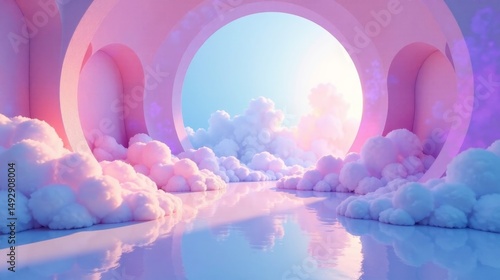 Dreamlike Pastel Portal A Serene Architectural Visualization Featuring Soft Clouds and a Reflective Floor