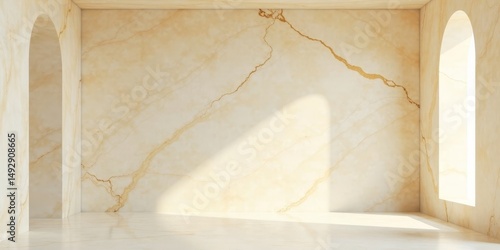 Sunlit Interior Room with Marble Walls and Archways A Minimalist Design Concept