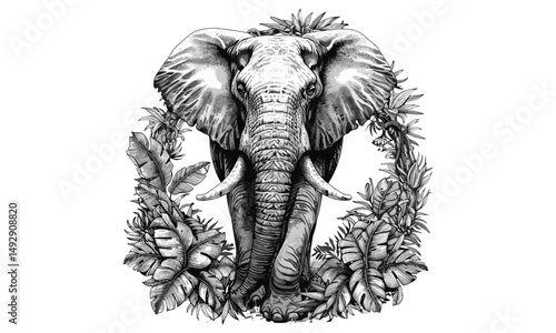 Hand-drawn Vintage Engraving, Detailed Elephant with Jungle Vines, Black Sketch Effect, African Elephant Illustration, Rustic Wildlife Print, Nature Drawing, Safari Animal Art