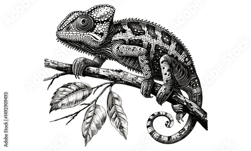 Black Line Style, Vintage Reptile Art, Detailed Engraving of Chameleon Climbing, Retro Wildlife Illustration, Exotic Lizard Sketch, Antique Jungle Fauna Drawing, Hand-drawn Artwork