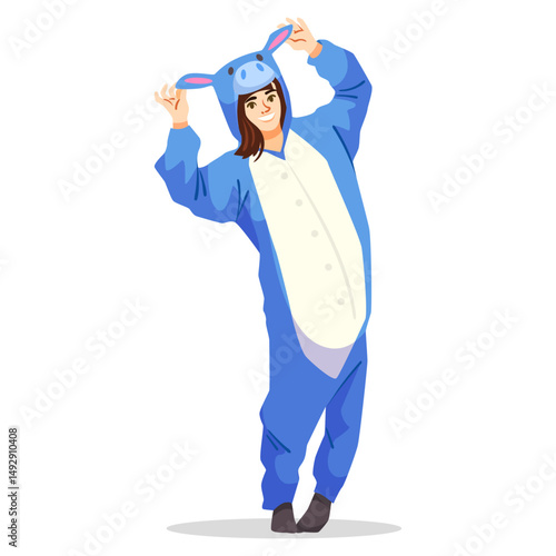 Happy woman wearing a blue donkey onesie costume, cartoon style on a white background. Concept of fun, cosplay, and playful dressing. Vector illustration