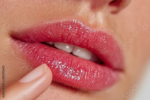 A close-up view of soft pink lips with glossy finish, showcasing a natural look and smooth application while a fingertip delicately touches the lip gloss 