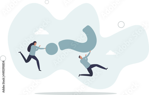 Problem solving, asking question or finding solution for difficulty, teamwork to solve problem or answer, confusion or brainstorm concept. character life .
